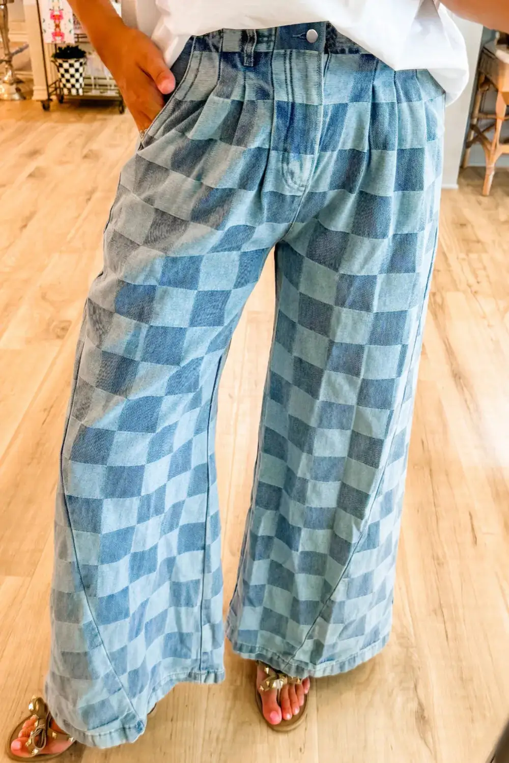 Checkered Wide Leg Pocket Denim Jeans