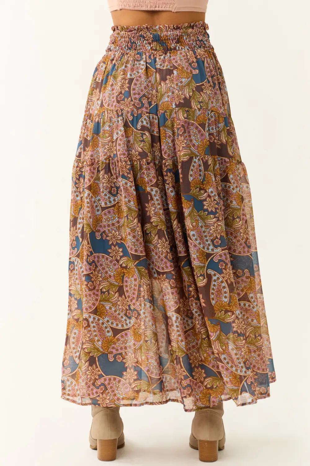 Steel Blue Abstract Floral Print Maxi Skirt