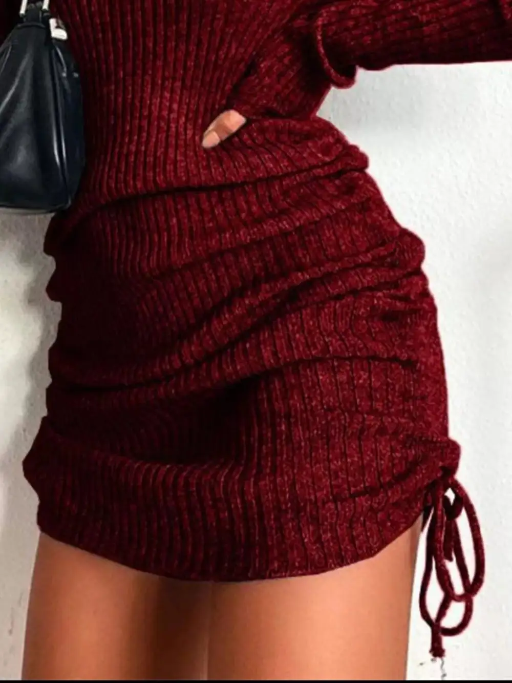 Ribbed Knit Drawstring Sweater Dress