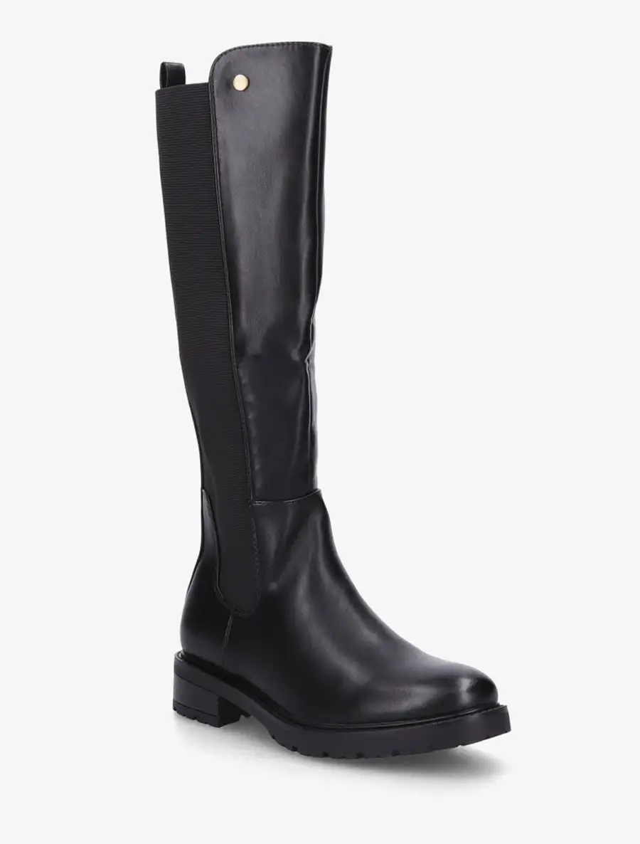 Refined Stretch Panel Lug Sole Block Heel Faux Leather Knee High Boots