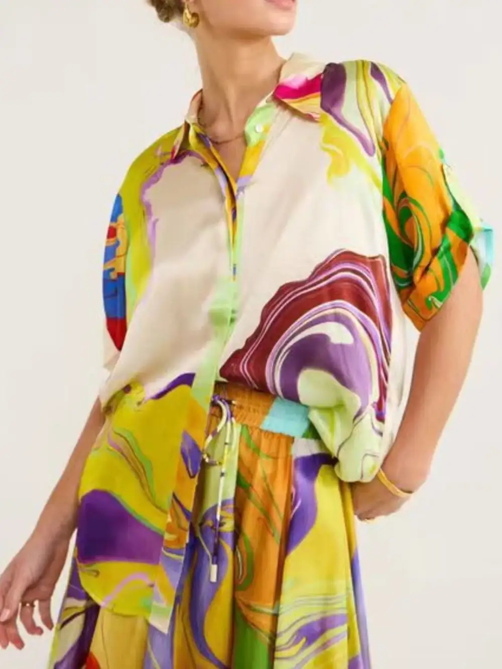 Balanced Button Front Printed Detail Coordinated Set