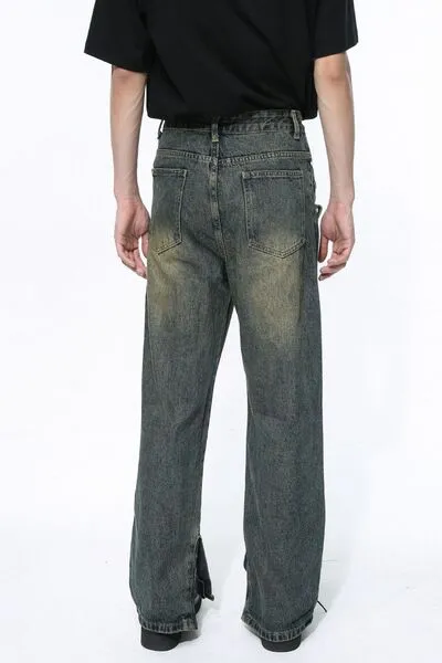 Washed Side-Slit Pocketed Stretch Straight Leg Jeans