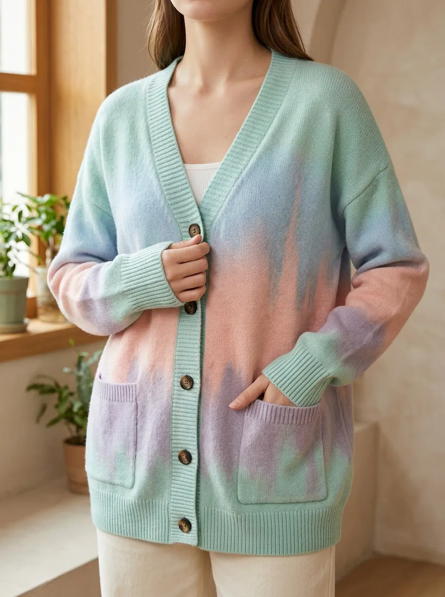 Women's Pastel Tie-Dye Pattern Printed Hip Length Versatile Wardrobe Cardigan
