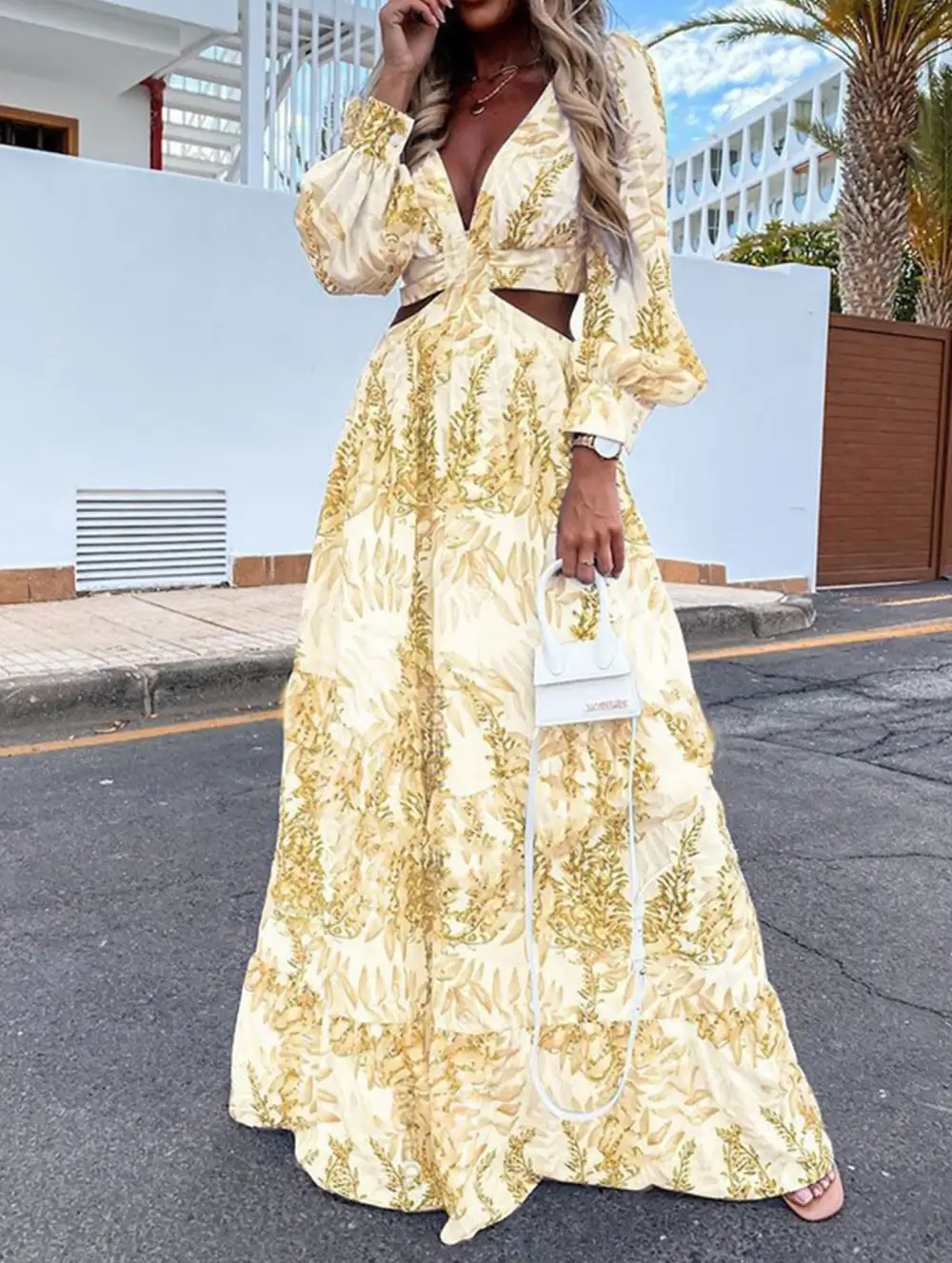 Long Printed V-Neck Long-Sleeved Dress