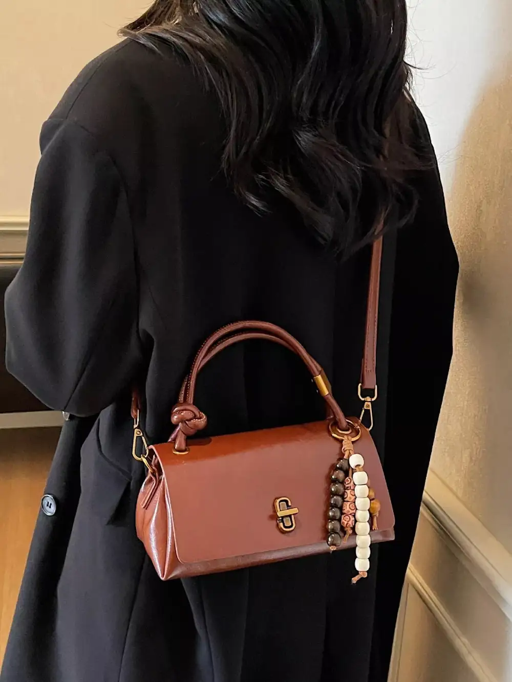 Leather Crossbody Bag with Bead Charm
