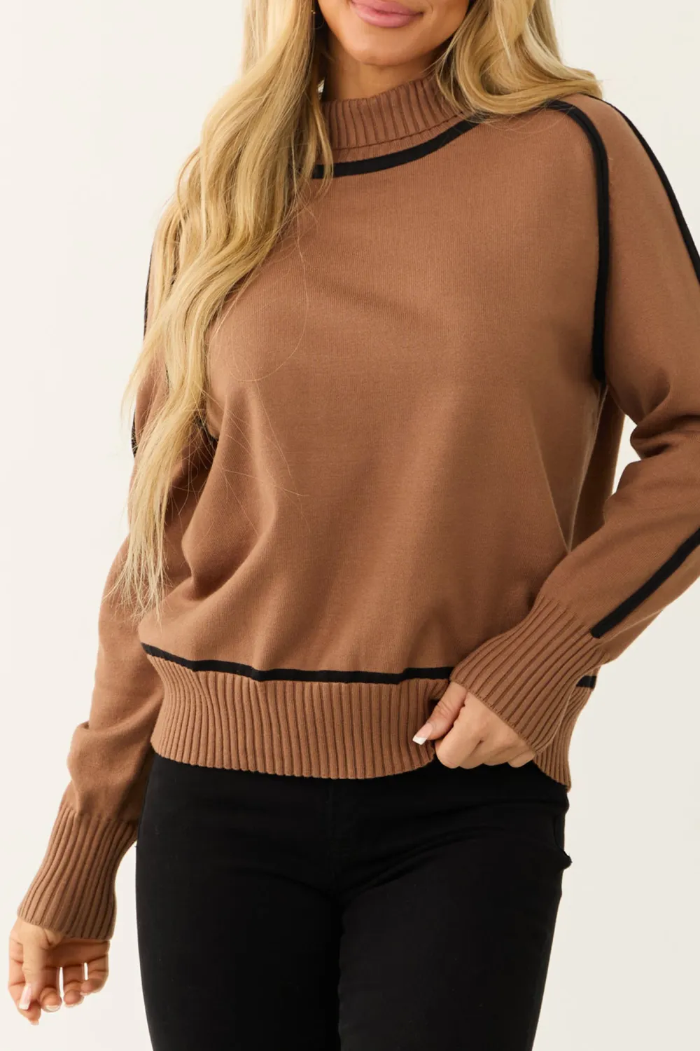 Cognac Contrast Trim Turtleneck Sweater