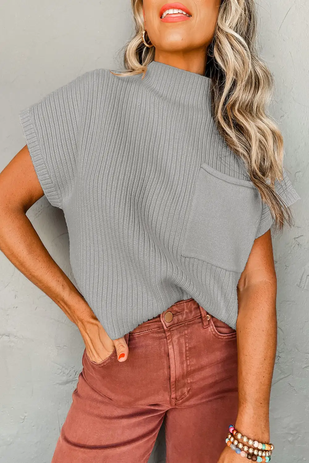 Patch Pocket Ribbed Knit Short Sleeve Everyday Layer Sweater