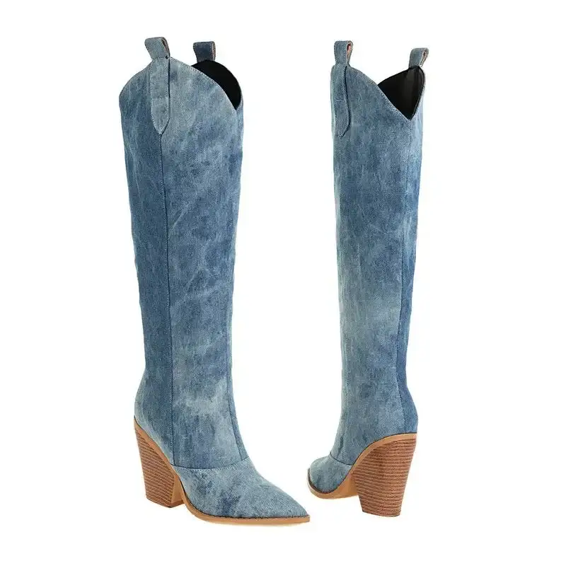 Denim Plush-Lined Cowboy Knee-High Boots