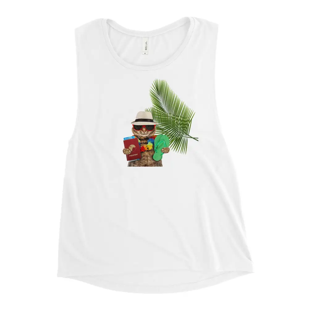 Ladies Muscle Tank Cat On Vacation Tank Top
