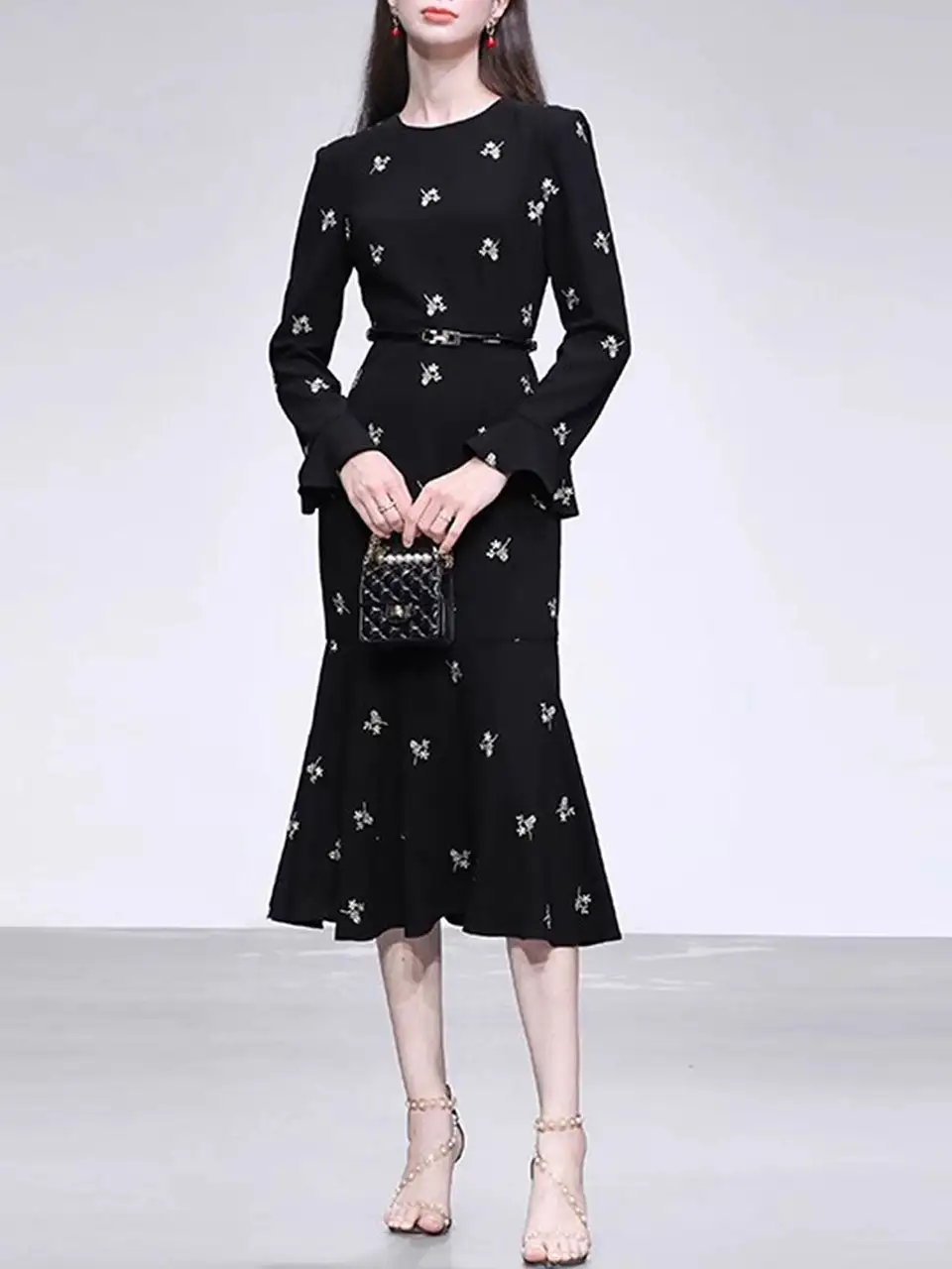Embroidered Fishtail Midi Dress