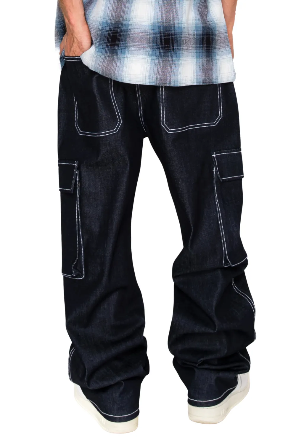 Men's Baggy Fit Raw Denim Cargo Jeans