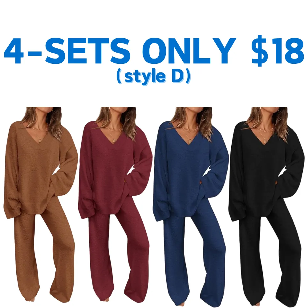 Women's 2-Piece Lounge Set Soft Chunky V Neck Tops& Wide Leg Long