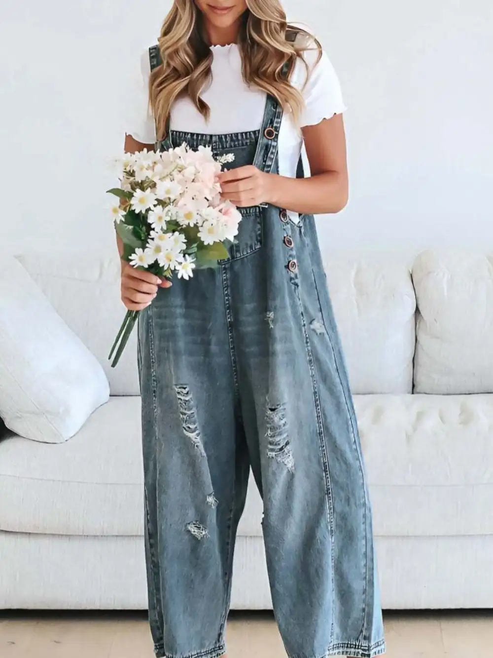 Wide Leg Denim Overalls Relaxed Fit Bib Overalls