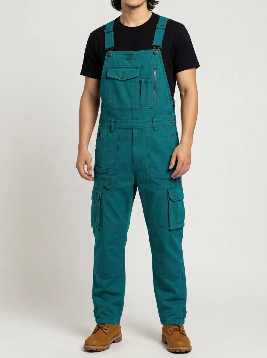 Men's Olive Green Multi-Pocket Cargo Bib Overalls