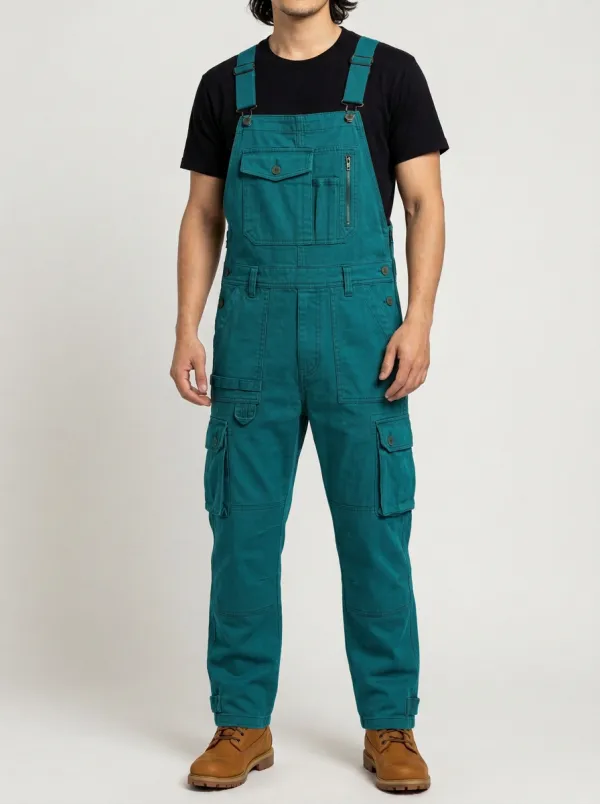 Men's Olive Green Multi-Pocket Cargo Bib Overalls
