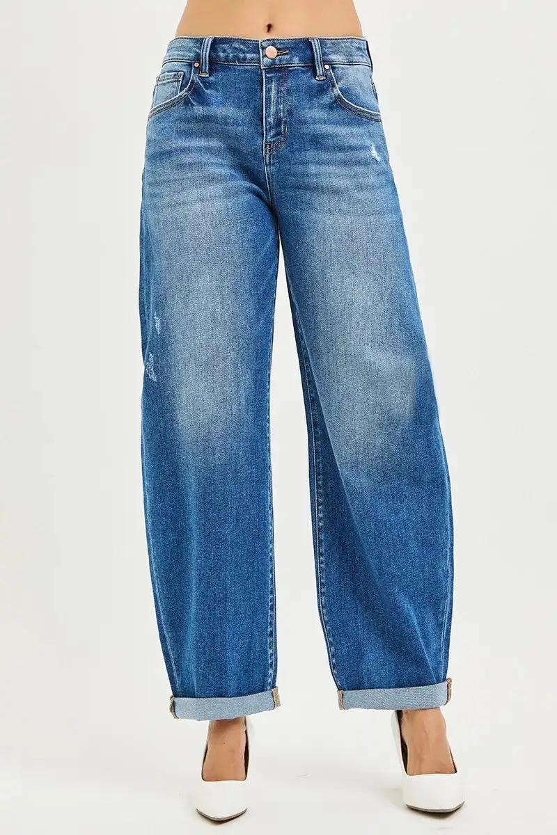 Clean Mid Rise Barrel Leg Denim Jeans