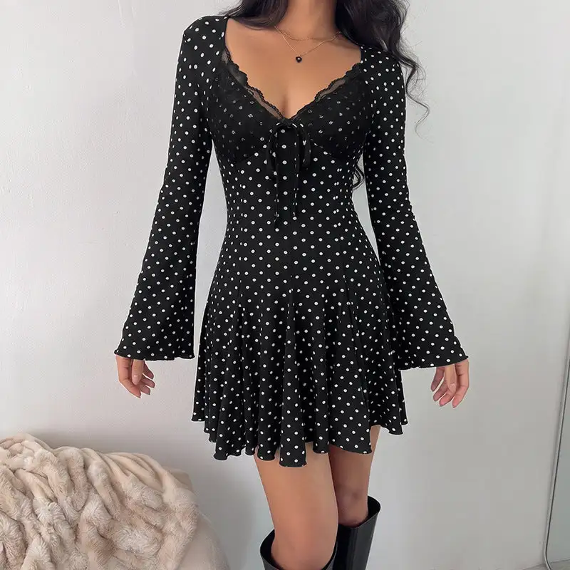 Women's Bodycon Long-Sleeve Lace Polka-Dot Mini Dress