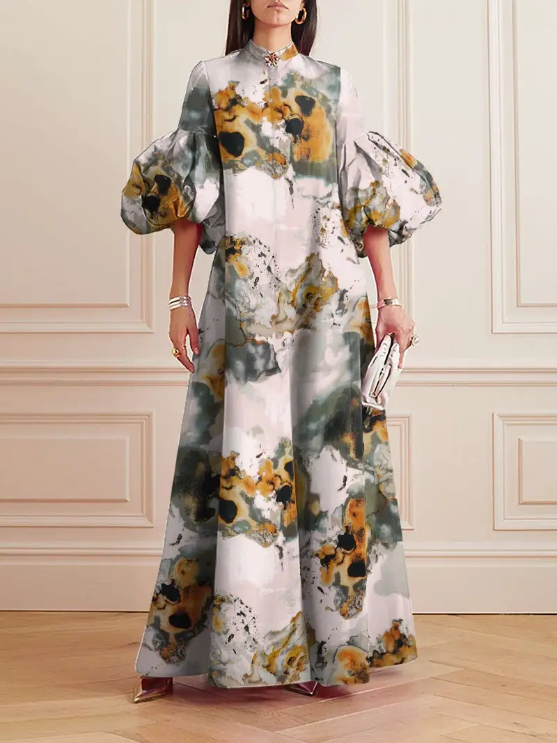 Loose Flower Shape Stand Collar Evening Dress Maxi Dress