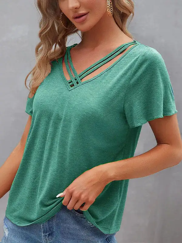 Relaxed Curve Fit Cutout Panel Detail V-Neck Polyester T-Shirt