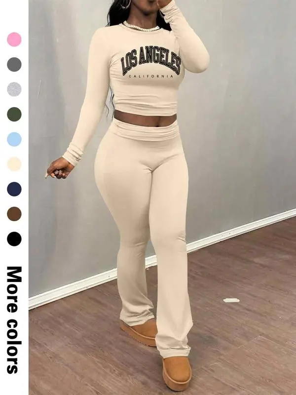 Women's Letter Print Long Sleeve Crop Tee & Plain Flare Leg Pants Two-Piece Set, Casual Fashion Cozy Round Neck Top & Bell Bottom Trousers for Daily Outdoor Wear, Women's Clothing for Fall & Winter