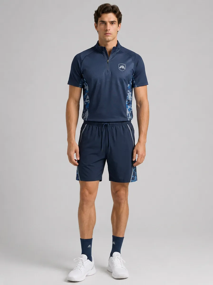 Men's Sporty Digital Camo Printed Quarter-Zip Polo Shorts Set