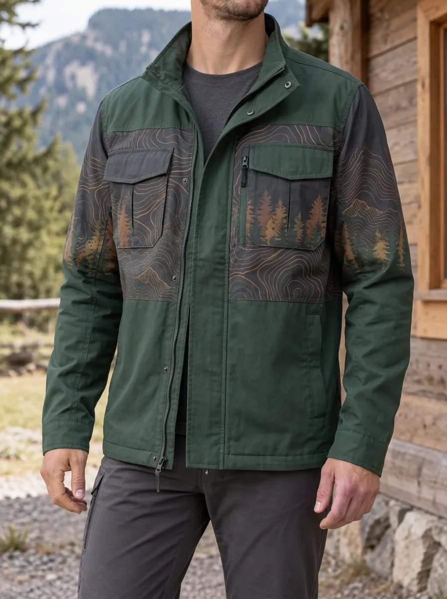Men's Outdoor Nature Topographic Forest Rugged Vista Jacket