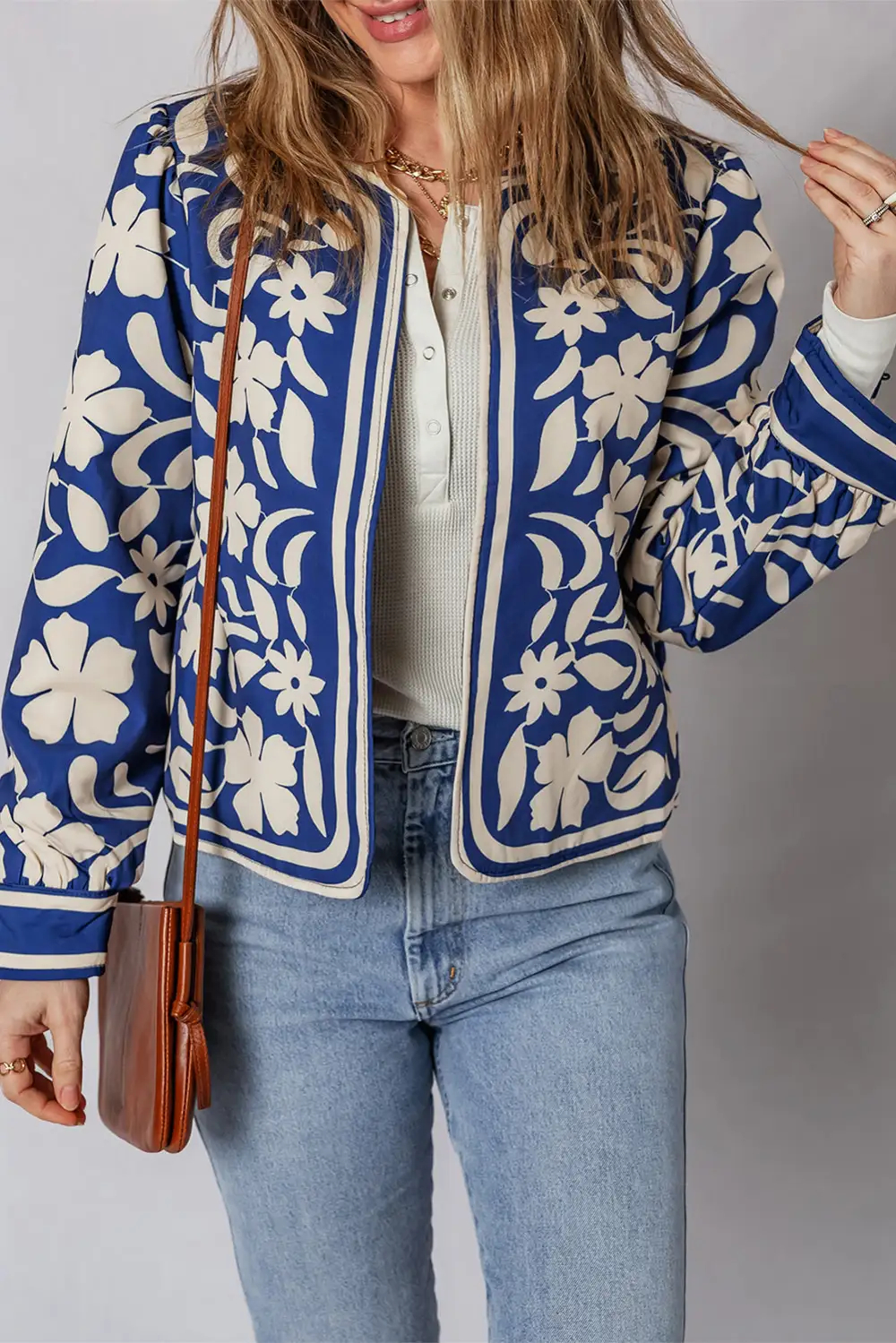 Flower Print Open Front Button Cuffs Elegant Jacket