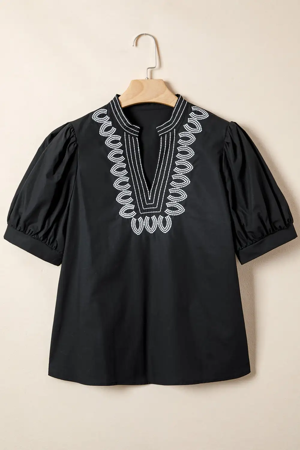 Embroidered V-Neck Puff Sleeve Blouse