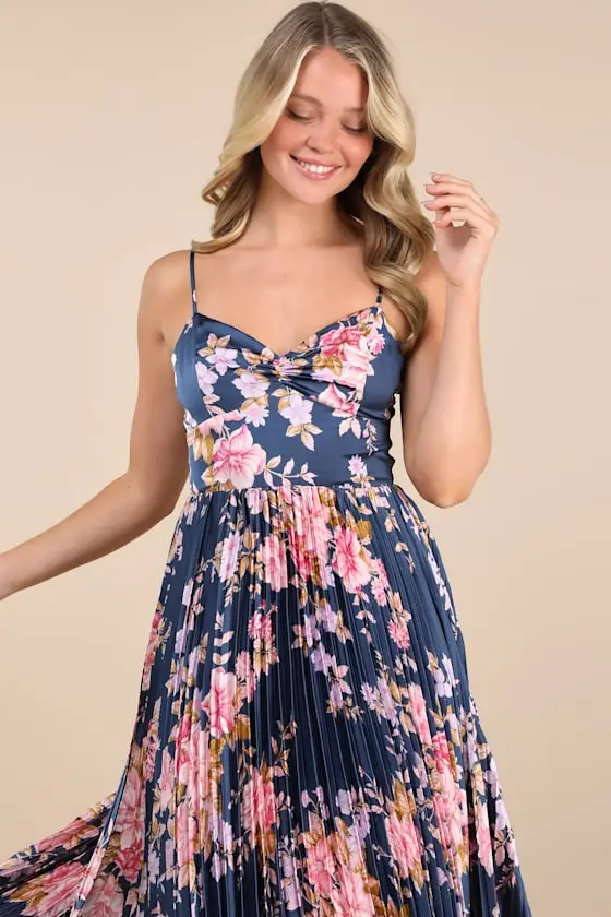 Francette Yellow Floral Satin Pleated Midi Dress