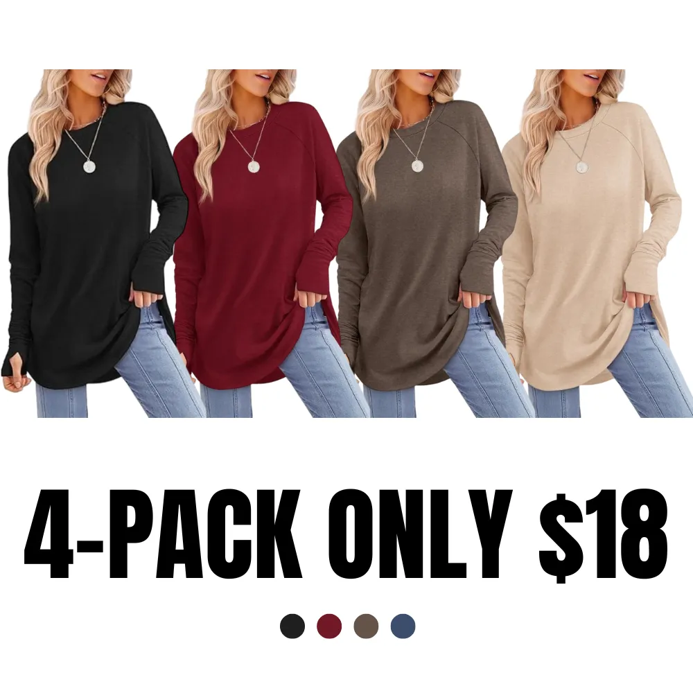 Womens Tunic Tops to Wear with Leggings Long Sleeve Thumb Hole Shirts Crew Neck Curved Hem