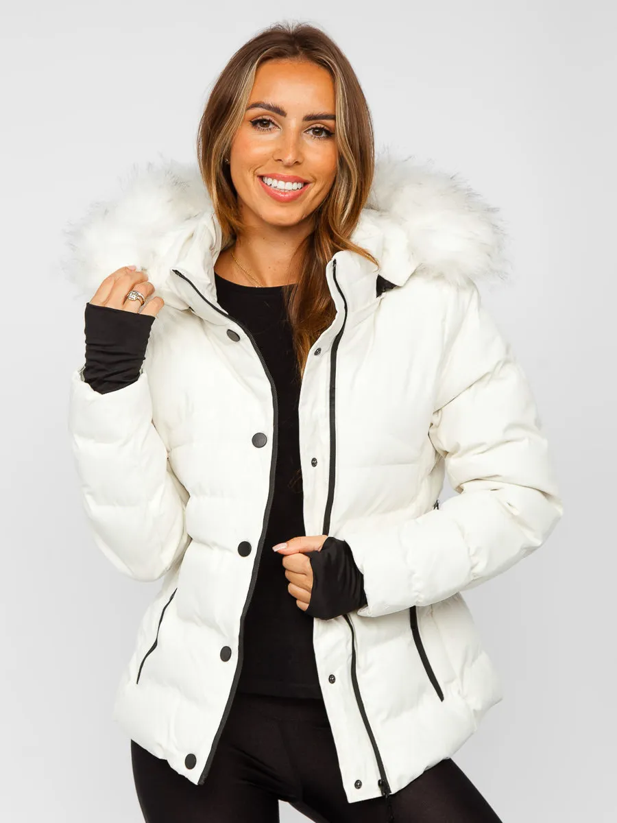 White women's quilted winter jacket with hood