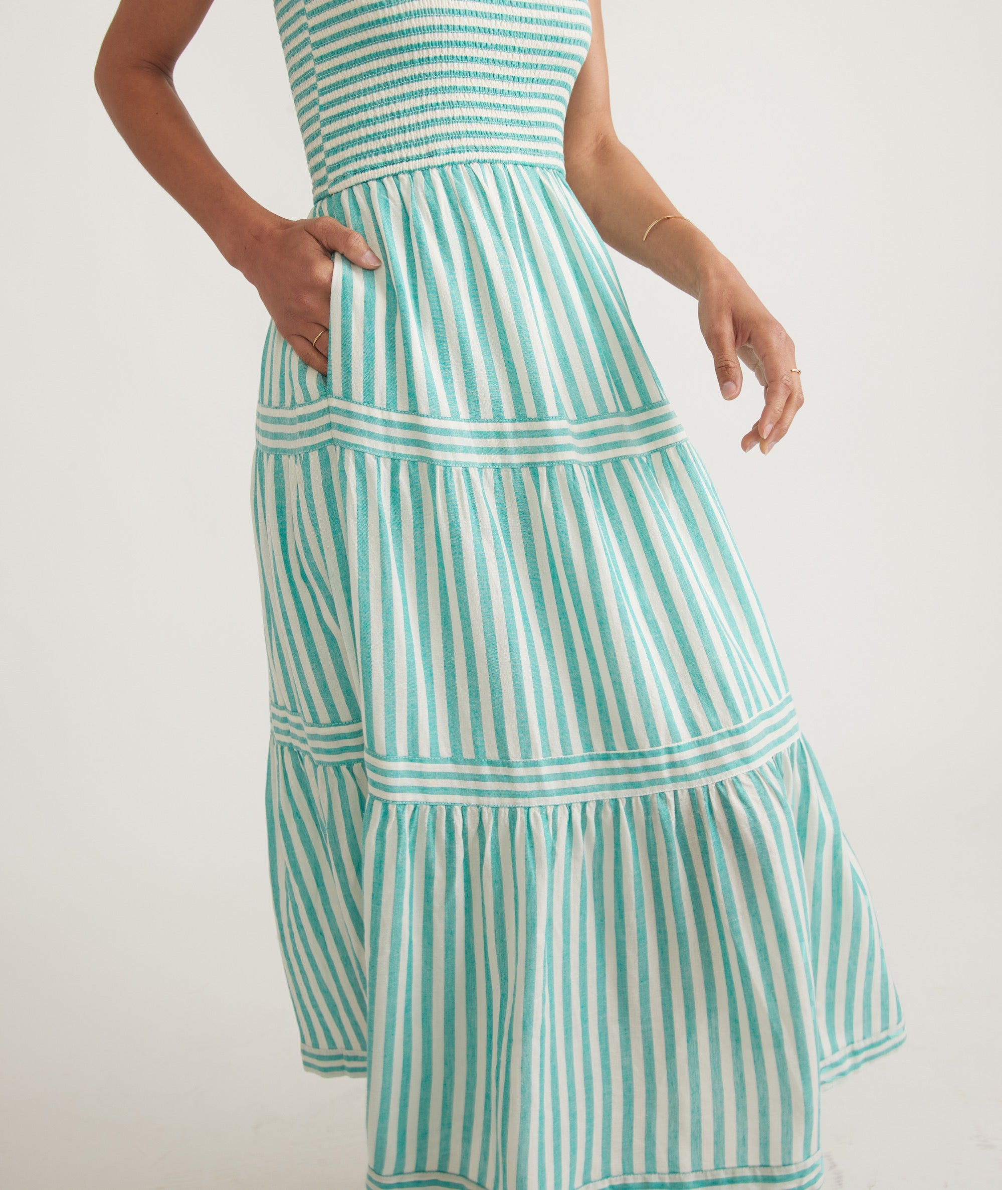 Turquoise Striped Tiered Midi Dress