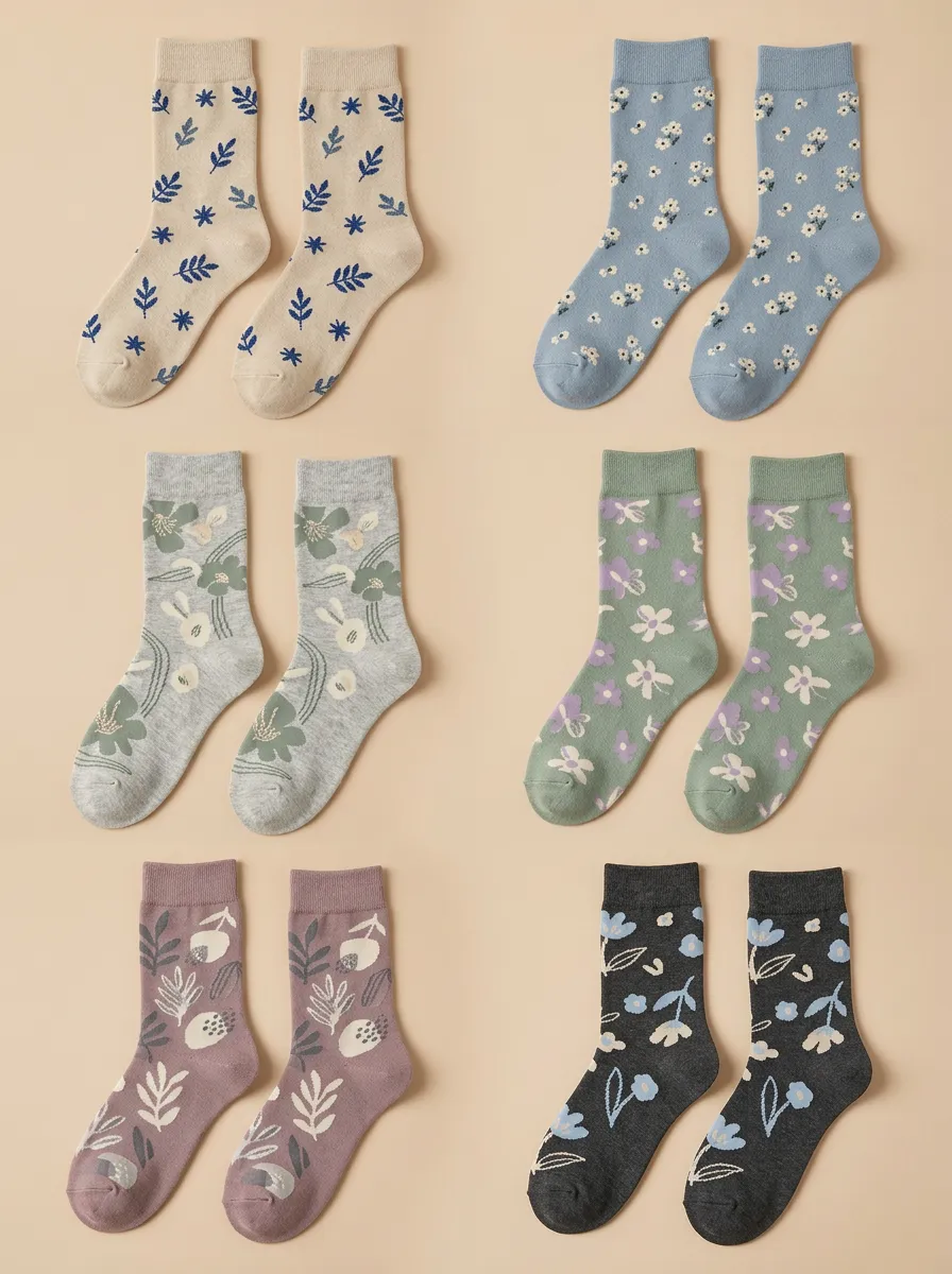 Women's Botanical Floral Mid Calf Crew Socks Six Pair Set