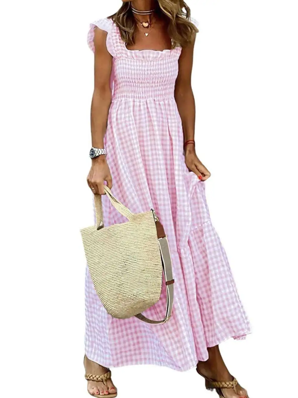 Plaid Ruffle Sleeveless Midi Dress