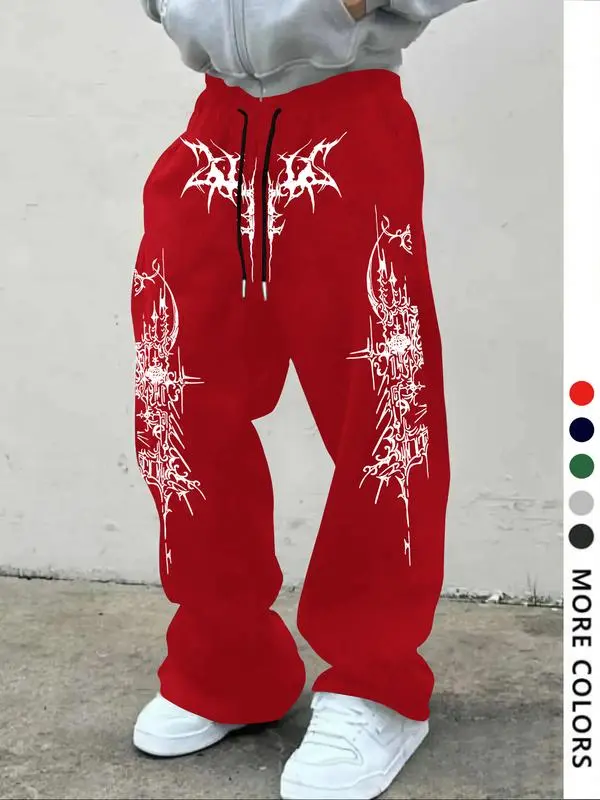 Men's Casual Slant Pocket Loose-Fit Drawstring Pants, Geometric Pattern Print Sweatpants, All-Season Comfortable Men's Clothing