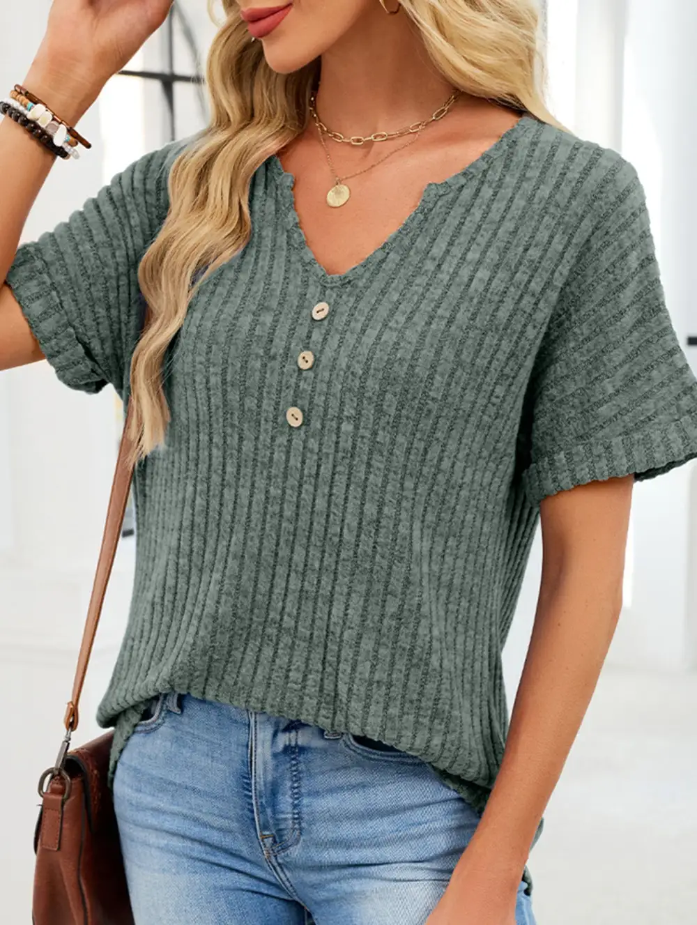 V Neck Button Front Loose Ribbed Tee