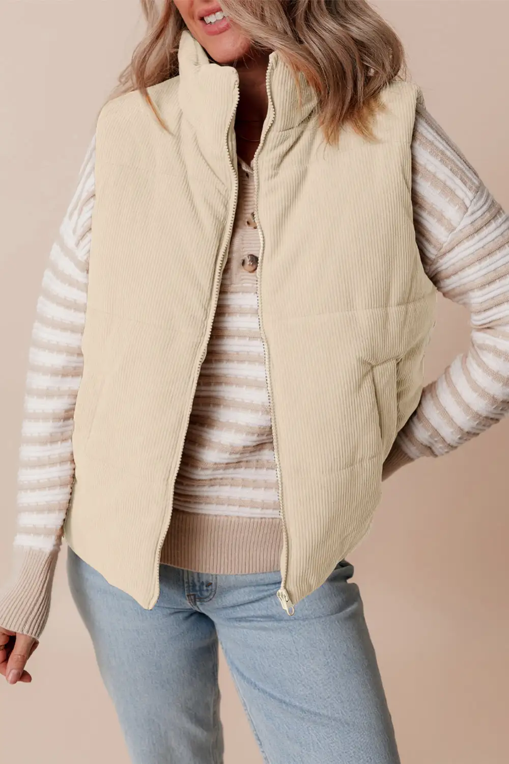 Corduroy Stand Collar Zip Puffer Vest