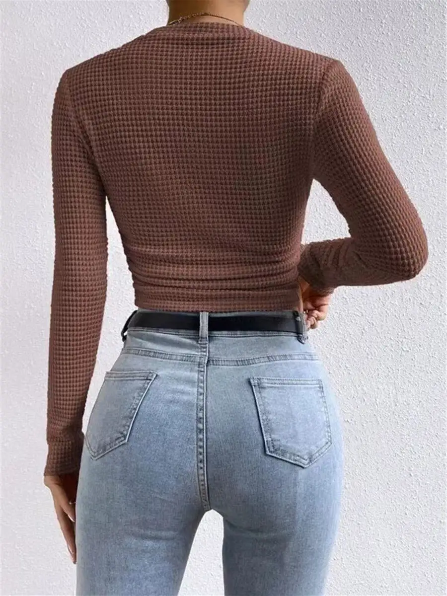 Long Sleeve Slim Fit Pleat Detail Panel Detail Textured Waffle Check Round Neck T-Shirt