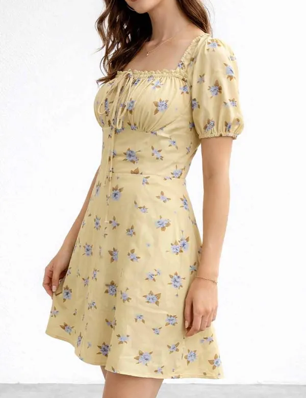Square Neck Drawstring Short Sleeves Mini Dress