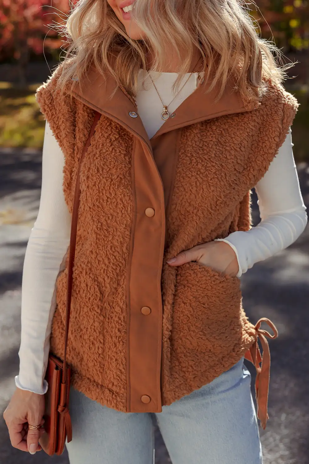 Snap Button Front Knot Side Pocket Detail Faux Fur Vest