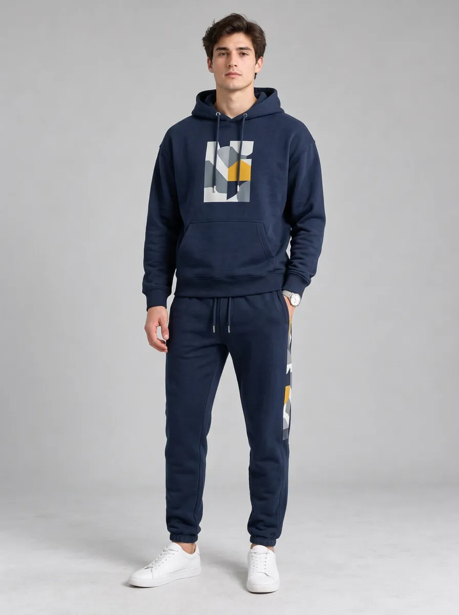Men's Navy Geometric Graphic Hoodie and Jogger Set