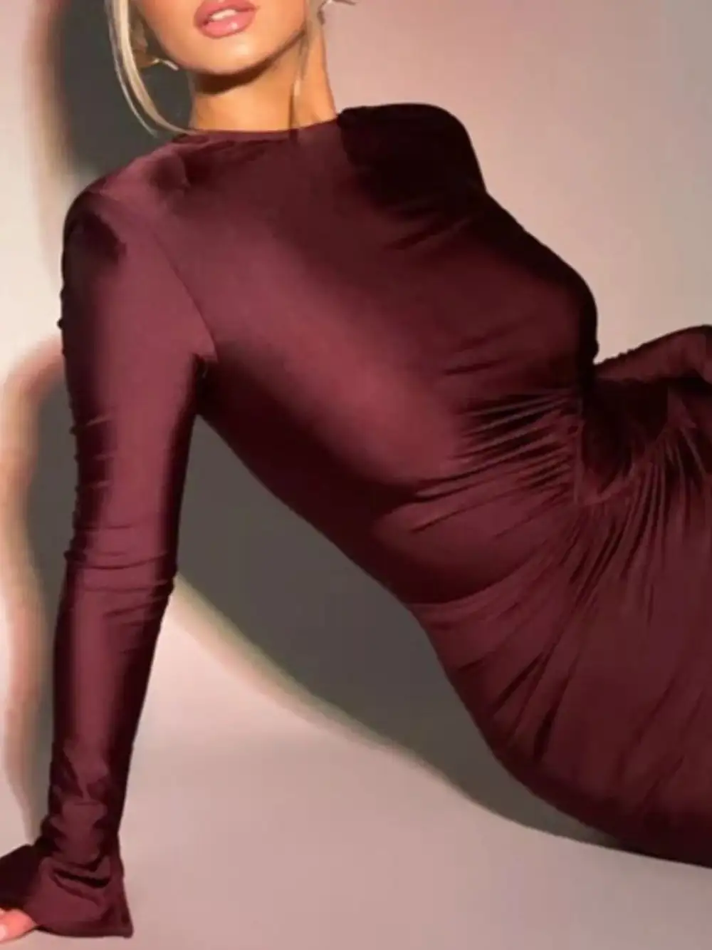 Lightweight Feel Ruched Long Sleeve Maxi Dress
