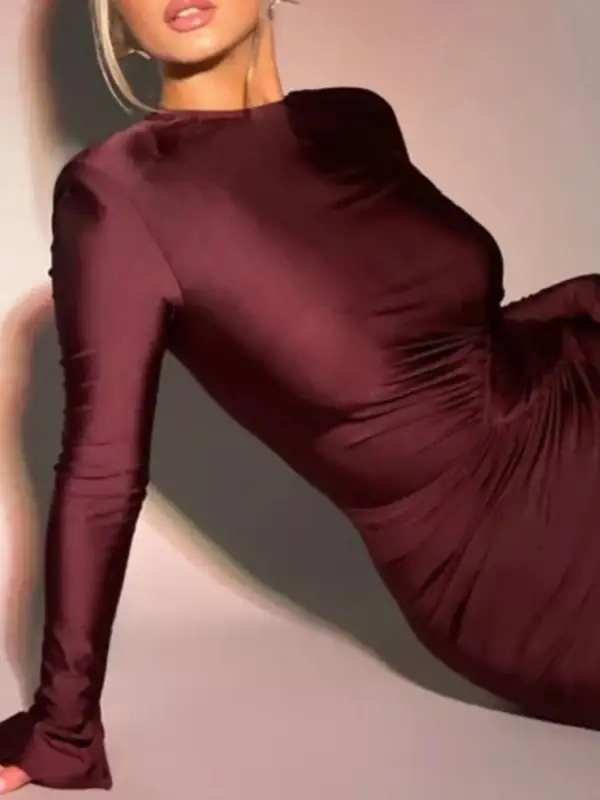Lightweight Feel Ruched Long Sleeve Maxi Dress