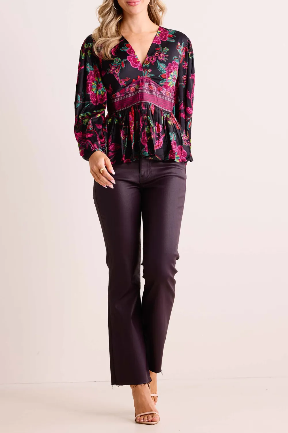 Pink Floral Print V-Neck Peplum Long Sleeve Blouse