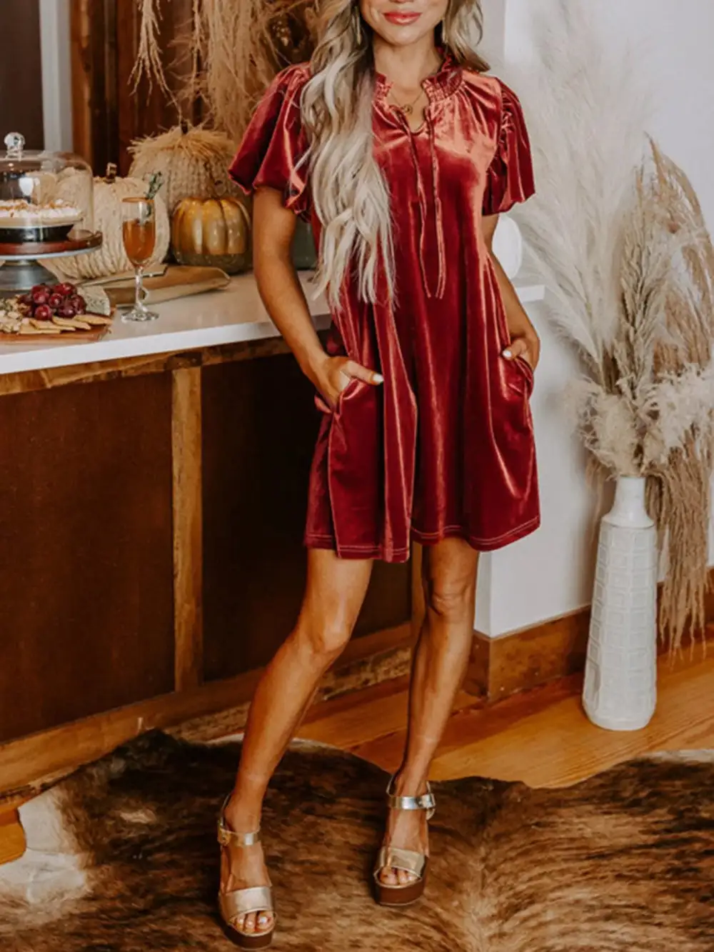 Velvet Puff Sleeve Dress Casual
