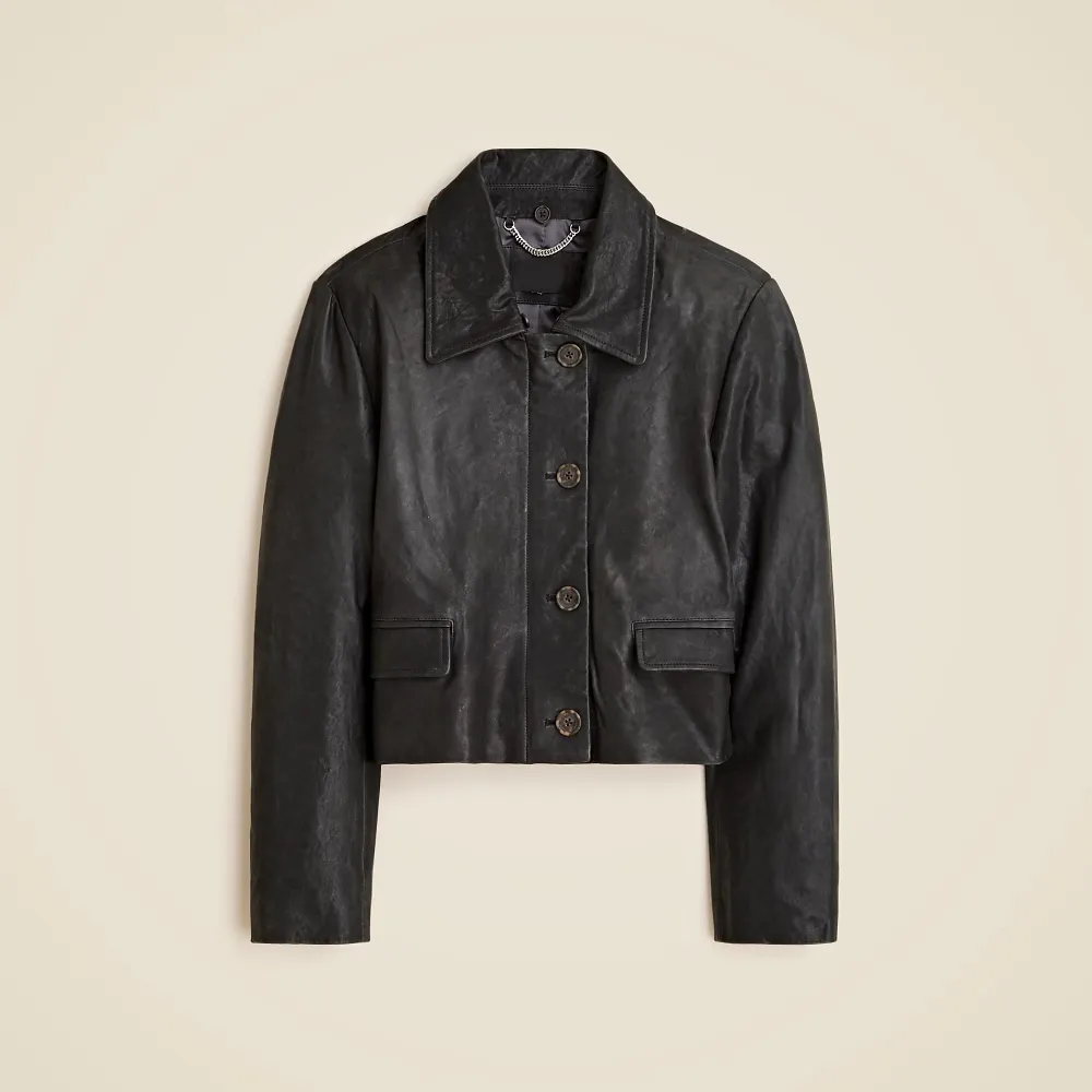cropped leather car coat with sherpa collar