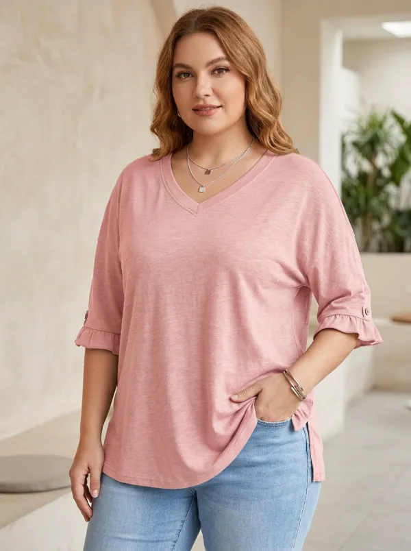 Women's Plus Size Sage Green Ruffle Sleeve V-Neck T-Shirt
