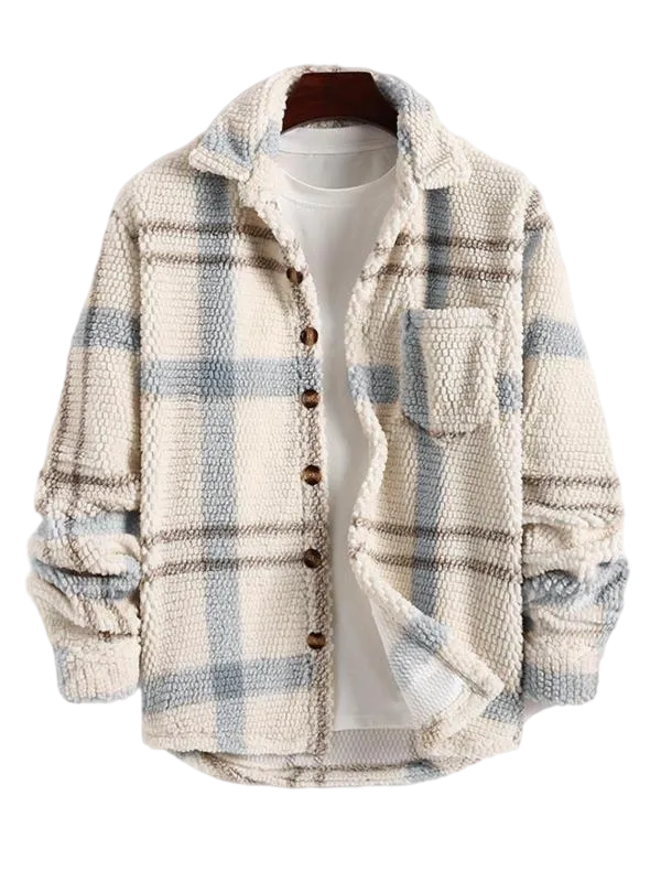 Men's Plaid Print Button Front Fleece Winter Jacket, Casual Comfortable Warmth Regular Fit Long Sleeve Pockets Warm Fleece Material Outerwear for Fall & Winter, Mens Clothing, Men's Clothes for Daily Wear