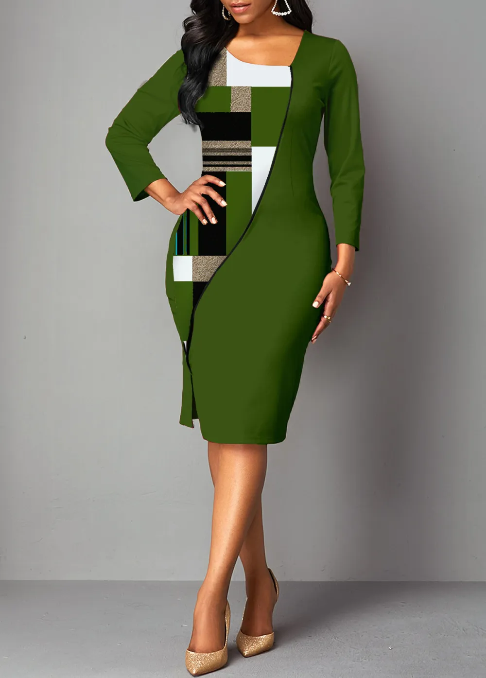 Side Slit Plaid 3/4 Sleeve Bodycon Dress