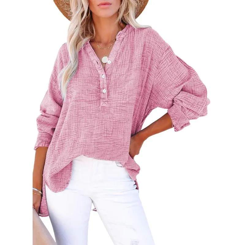 Women's Casual Button V Neck Long Sleeve Shirts Oversized Solid Blouses Tops 100% Cotton